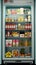 Refrigerator full of food in the kitchen. 3d rendering. Open fridge full of fresh fruits and vegetables. Vintage style. 3D