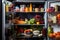 Refrigerator full of healthy food, fruits and vegetables, closeup, An opened fridge full of fresh fruits and vegetables, AI
