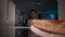 Refrigerator point of view tired freelancer man opening refrigerator door and taking piece of pie at night with sad face