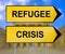 Refugee Crisis traffic sign with blurred Berlin background