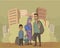 Refugee family on dusty city background. Social problems, war, immigration. Flat vector illustration.