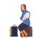 Refugee woman with newborn sitting on suitcase. Unhappy woman needs help vector illustration