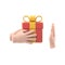 Refusal of gift. No corruption concept. Rejecting proposal. Man holding in hand gift box with ribbon. G