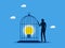 Refusing to disclose knowledge or business secrets. man locks a light bulb in a cage. business concept