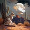 Regal cat in desert under moon by cactus with butte