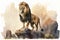 A regal lion standing on a rocky outcrop, painted with warm and golden watercolor hues Generative AI