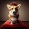Regal looking corgi sits on a red velvet cushion, wearing a crown
