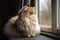 A regal and majestic Persian cat perched on a windowsill, showing off its luxurious and fluffy coat. Generative AI