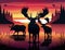 A regal moose flanked by two caribou admiring a beautiful sunset in the North. Cute creature. AI generation