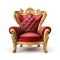 Regal Red Velvet Armchair with Golden Accents Isolated on White. Generative ai