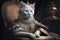 A regal white cat in a crown and dress seated on a throne in a grand room.