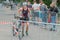 Regensburg, Bavaria, Germany, August 06, 2017, 28th Regensburg Triathlon 2017, Downswing of a bike racer in the transition area