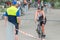 Regensburg, Bavaria, Germany, August 06, 2017, 28th Regensburg Triathlon 2017, Downswing of a bike racer in the transition area