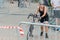 Regensburg, Bavaria, Germany, August 06, 2017, 28th Regensburg Triathlon 2017, Downswing of a bike racer in the transition area