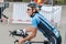 Regensburg, Bavaria, Germany, August 06, 2017, 28th Regensburg Triathlon 2017, Downswing of a bike racer in the transition area