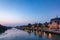 Regensburg cityscape from Stone Bridge with Danube river embankment Bavaria Germany