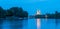 Regensburg with the yacht harbor at the danube river and view to saint peter cathedral at blue hour