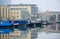 Regents Canal. Barges and offices. Morning reflections.