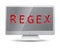 Regex of red polygons inscription from programming area on monitor screen of grey monoblock. Digital regular expressions are