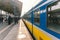 Regional new blue yellow train arriving to gdansk glowny railway station in Poland, Gdansk February 9, 2020. SKM regional railway
