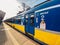 Regional new blue yellow train arriving to gdansk glowny railway station in Poland, Gdansk February 9, 2020. SKM regional railway