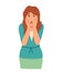 Regret or embarrassed woman vector illustration. Disappointed woman hide face behind hands demonstrate facepalm gesture