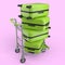 Regular suitcase on hotel trolley cart for carrying baggage on pink background