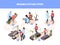 Rehabilitation stages. Injury healthcare physiotherapy steps medical treatment vector infographic isometric illustration