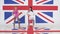 Rehearsal of two artistic funny women dancing on background of UK flag texture.