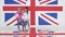 Rehearsal of two funny girls dance performers on background of UK flag texture.