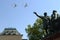 Rehearsal of the Victory day celebration in Moscow. Flying aircraft over red square. Russian Tu-95 turboprop strategic bomber Med