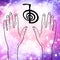 Reiki symbol. A sacred sign CHO KU REI. A hand holds Reiki CHO KU REI sign on a cosmic background. Alternative medicine.
