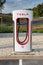 Reims, France - August 27, 2018: Tesla Super Charging station onhighway rest stop. Tesla Supercharger stations allow Tesla cars