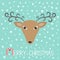Reindeeer head. Merry christmas. Candy cane. Cute cartoon deer face with curly horns. Blue winter snow flake background. Greeting