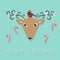 Reindeeer head. Merry christmas. Hanging stick candy cane. Bullfinch winter red feather bird. Cute cartoon deer face with curly ho