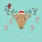 Reindeeer head in Santa Claus hat. Merry christmas. Hanging