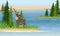 Reindeer with branched horns on the sea or a large lake. Sandy beach with grass and fir trees