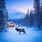 Reindeer in Christmas Winter Time with Beautiful Nature Behind and Winter Cabin