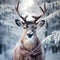 Reindeer in coat. Red deer in snowy forest close-up. Portrait of a deer in a winter forest. Winter background. Reindeer