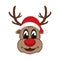 Reindeer face with santa hat smile isolated background