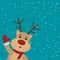 Reindeer red-nosed cute cartoon with greeting banner snowy winter background. Christmas card. Vector illustration.