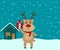 Reindeer red-nosed cute cartoon with greeting banner snowy winter background. Christmas card. Vector illustration.