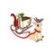 Reindeer sitting in front of Christmas sleigh made in Cartoon style, vector illustration on white isolated background for postcard