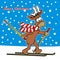 Reindeer and ski, art, card, vector humorous illustration, Merry Christmas