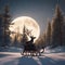 a reindeer on a sled being watched by an antelope in front of