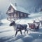 Reindeer and sleigh awaiting ride in winter wonderland