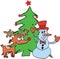 Reindeer and snowman behind christmas tree