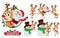 Reindeer vector characters set. Reindeers character like santa ride, skating, and playing with snowman pose and gestures isolated