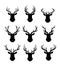 Reindeers with antlers silhouette flat vector illustrations set. Deers head with horns isolated on white background