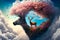 Reindeers in the clouds. Fantasy world. Ai llustration